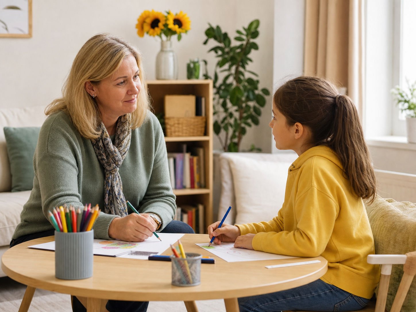 A counsellor supporting a child through a drawing activity